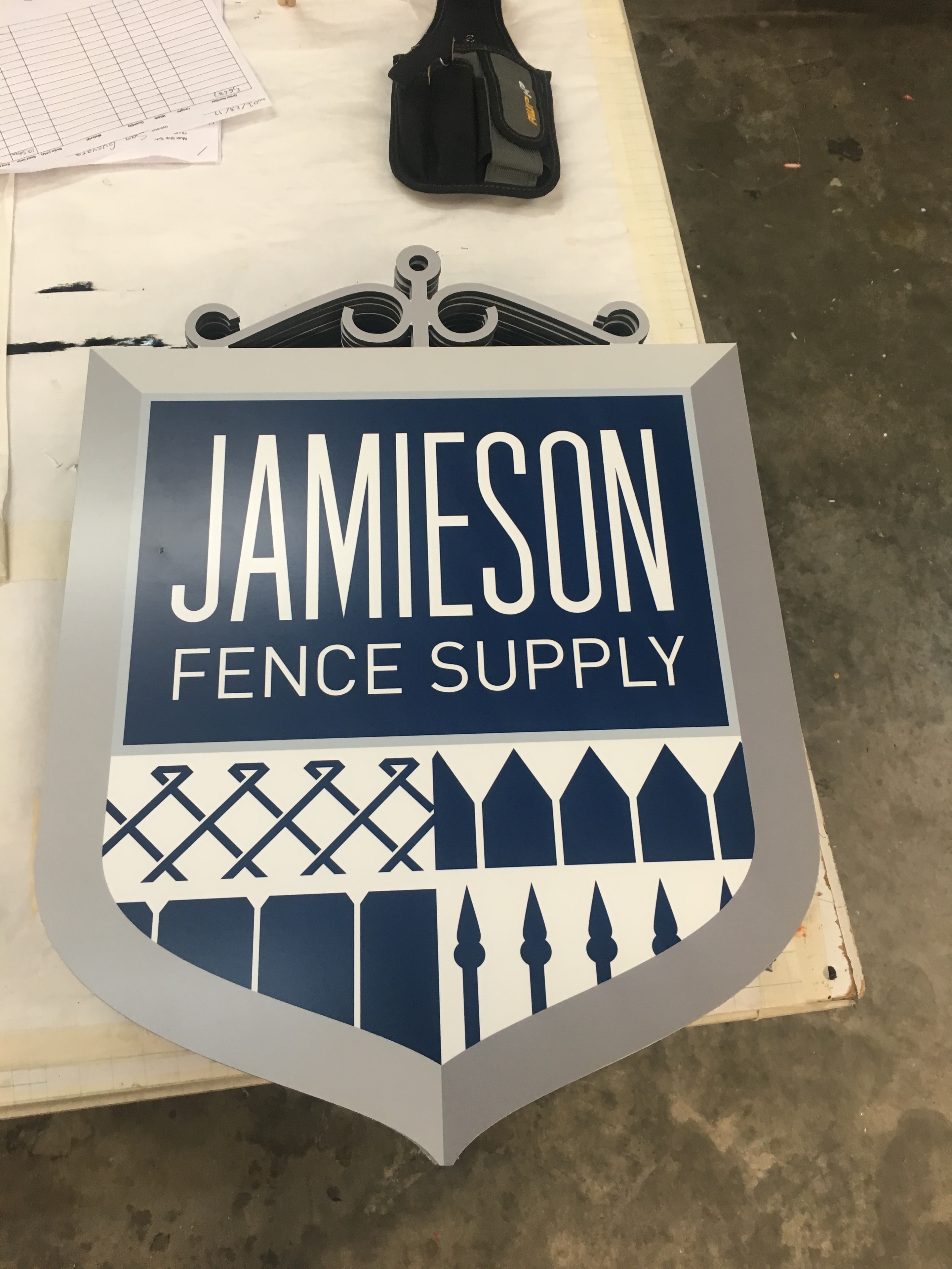 Jamieson Fence Supply business sign with shield logo fabricated by SOC