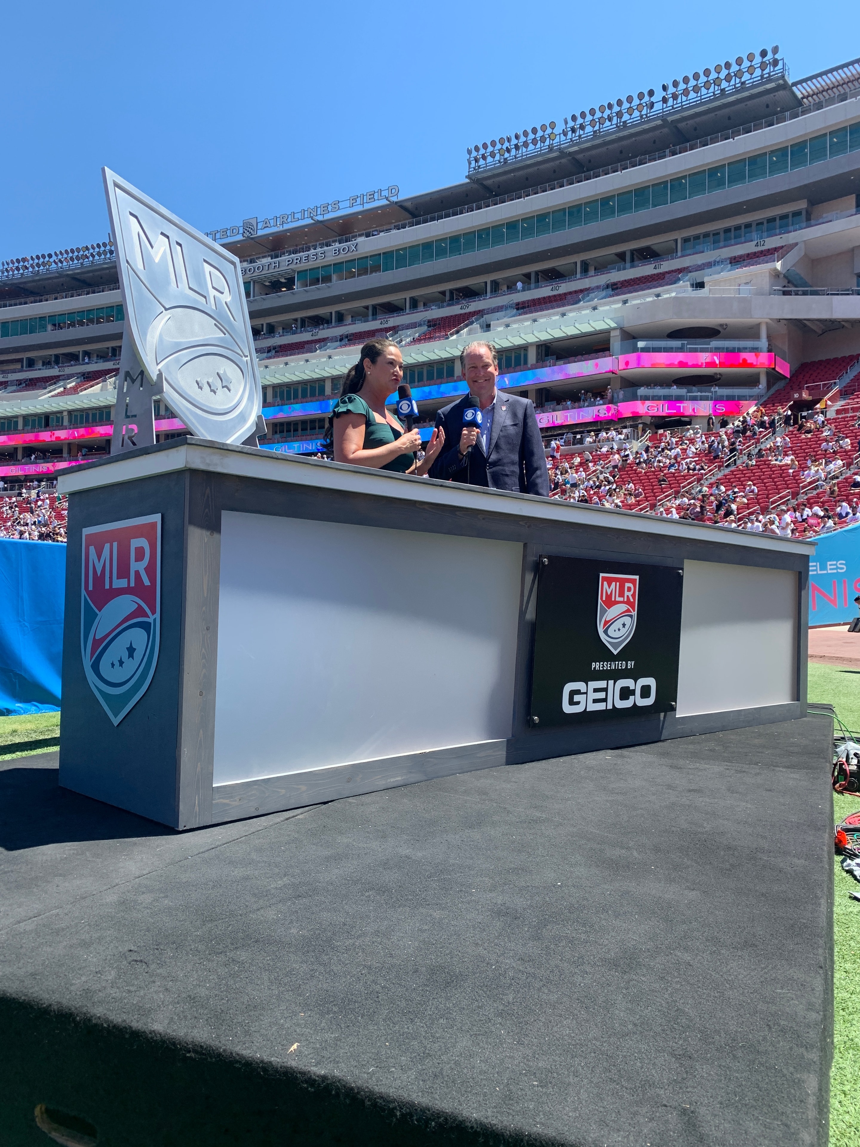 MLR Major League Rugby broadcast booth with custom signage fabricated by SOC